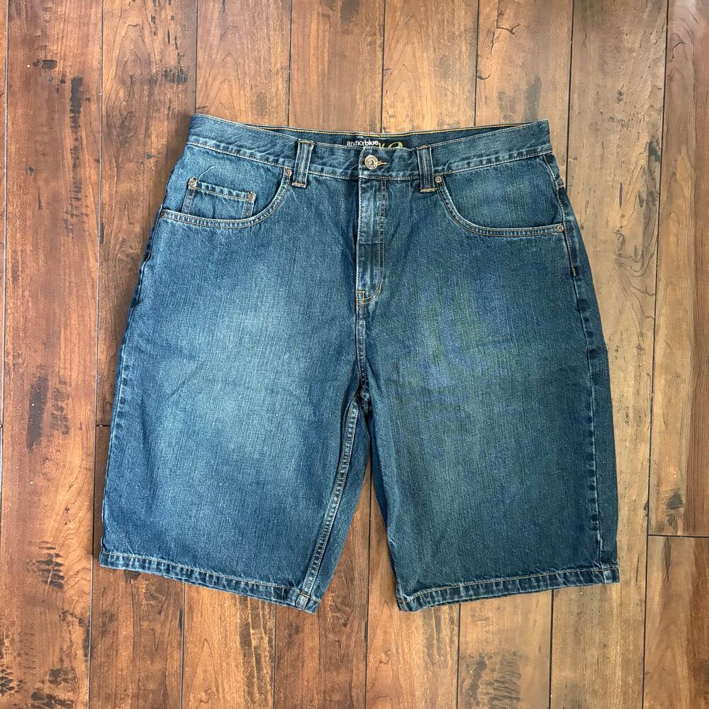 Y2K Anchor Blue Jorts Denim Shorts Mens 38 Blue Baggy 2000s Skater Grunge Emo